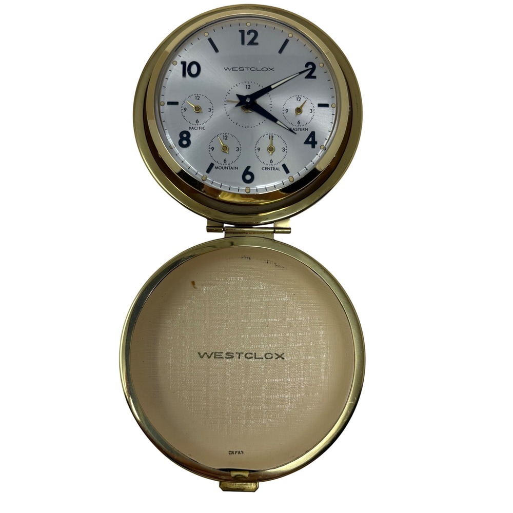 Vintage Westclox World Time Desk Travel Clock 4 Time Zone Japan Folding Case